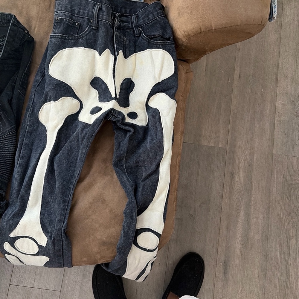 MNML Black and White Skeleton Slim Straight Jeans